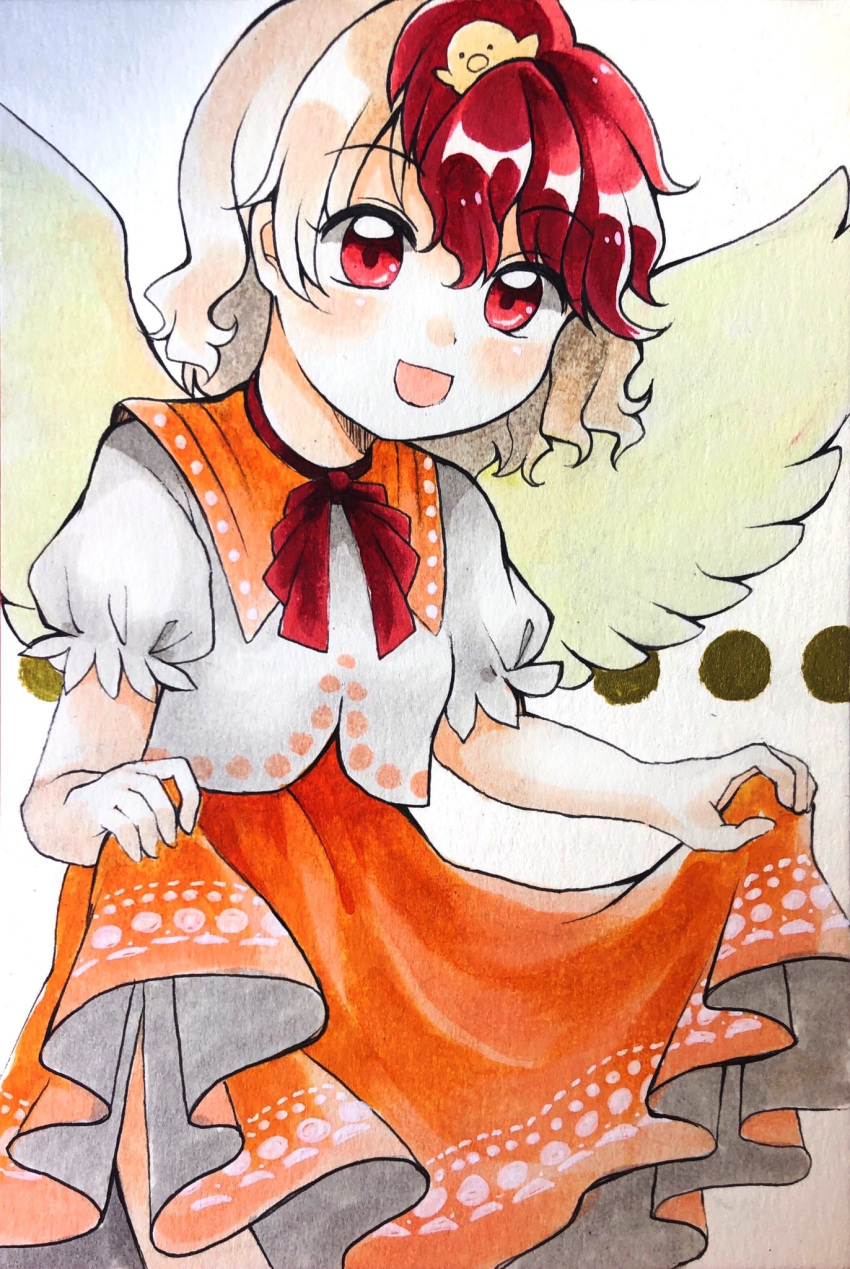 animal_on_head bird bird_on_head bird_wings blonde_hair chick commentary_request dress feathered_wings highres maa_(forsythia1729) marker_(medium) multicolored_hair niwatari_kutaka on_head open_mouth orange_dress red_eyes redhead shirt skirt_hold touhou traditional_media two-tone_hair white_shirt wings yellow_wings