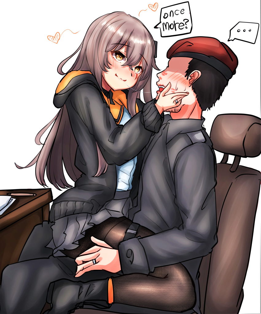 ... 1boy 1girl absurdres after_kiss beret black_footwear black_hair black_jacket black_pants black_shirt black_skirt blush brown_hair brown_legwear chair collared_shirt commander_(girls'_frontline) english_commentary english_text facial_hair girls_frontline hand_on_another's_face hat heart highres jacket jewelry lipstick_mark long_hair one_side_up pants pantyhose paper pen peroronti ring saliva saliva_trail scar scar_across_eye shaded_face shirt simple_background sitting sitting_on_person skirt speech_bubble strap stubble sweatdrop table ump45_(girls'_frontline) white_shirt yellow_eyes