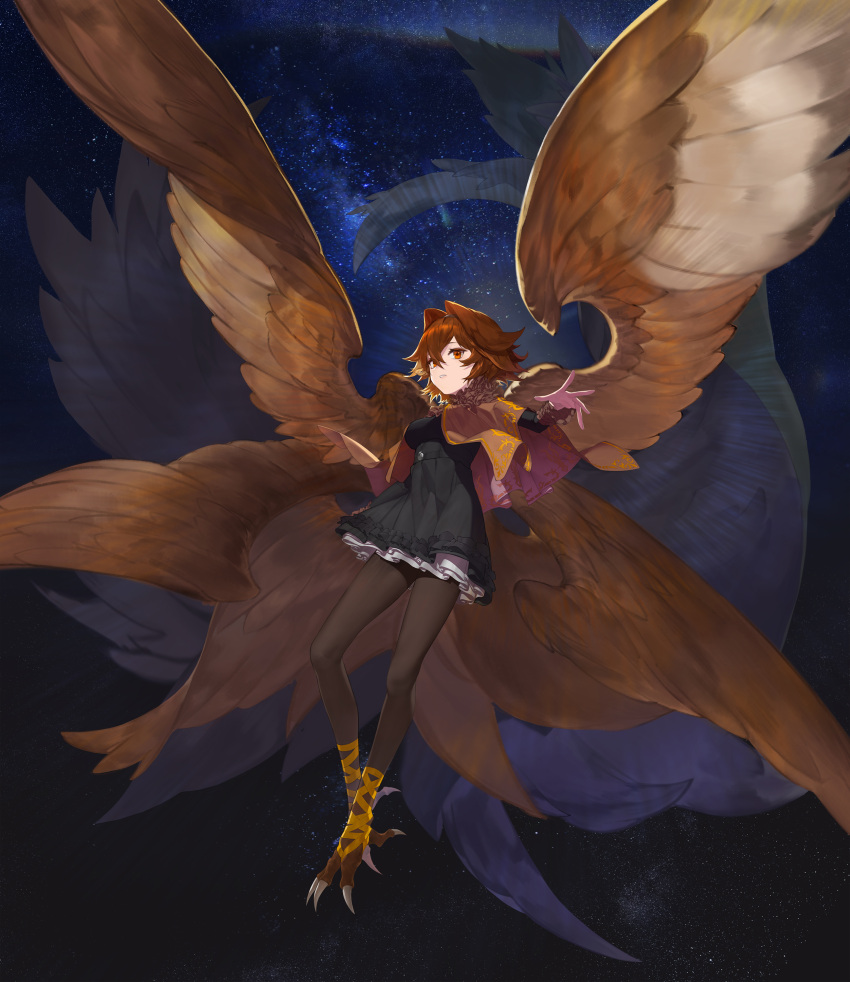1girl absurdres bad_kim belt bird_girl black_dress brown_capelet brown_hair brown_legwear brown_wings capelet crescent dress eyes_visible_through_hair feathered_wings frilled_dress frills hair_between_eyes highres multiple_wings no_shoes open_hand orange_eyes original parted_lips sky solo star_(sky) starry_sky talons teeth thigh-highs wings