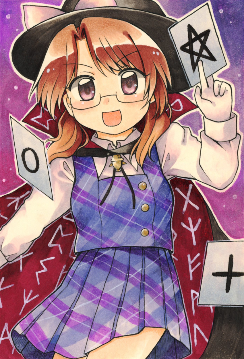 black_cape bolo_tie brown_hair cape card cloak clothes_writing commentary_request eyebrows_visible_through_hair gloves high_collar highres holding holding_card long_sleeves low_twintails maa_(forsythia1729) marker_(medium) open_mouth plaid plaid_skirt plaid_vest pleated_skirt purple_skirt purple_vest quimbaya_airplane red-framed_eyewear shirt short_hair skirt touhou traditional_media twintails usami_sumireko vest violet_eyes white_gloves white_shirt zener_card