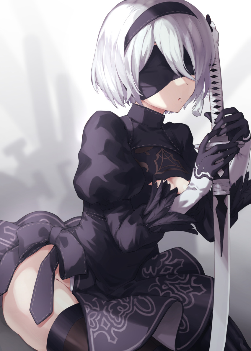 1girl back_cutout black_blindfold black_dress black_hairband black_legwear blindfold breasts cleavage_cutout clothing_cutout commentary_request covered_eyes dress feather-trimmed_sleeves gloves hairband highres juliet_sleeves katana leotard long_sleeves medium_breasts mochi_mi8042 nier_(series) nier_automata puffy_sleeves short_hair silver_hair solo sword weapon white_hair yorha_no._2_type_b