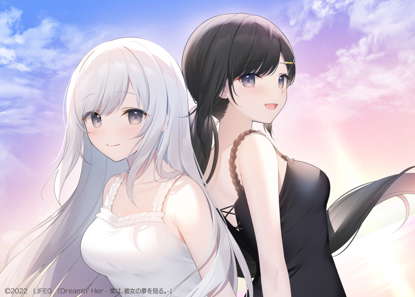2girls bangs bare_shoulders black_dress black_hair breasts clouds cloudy_sky collarbone commentary_request dress eyebrows_visible_through_hair frills grey_eyes hair_ornament hairpin highres light_blush long_hair looking_at_viewer medium_breasts miko_(royal_milk) multiple_girls open_mouth original ponytail silver_hair sky smile straight_hair upper_body white_dress