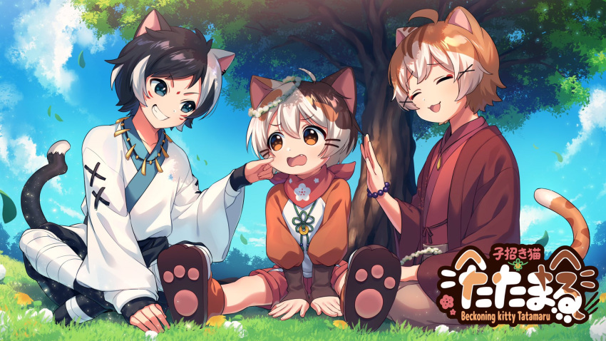 3boys animal_ears antenna_hair artist_request ascot bangs black_hair blue_eyes bracelet brown_hair cat_boy cat_ears cat_tail character_request cheek_pinching child clouds cloudy_sky commentary_request commission crossed_legs eyebrows_visible_through_hair facial_mark fang hair_between_eyes highres indie_virtual_youtuber jewelry kemonomimi_mode leaf long_sleeves looking_at_another multicolored_hair multiple_boys necklace on_ground orange_eyes outdoors pinching sandals short_hair size_difference sky tail tatamaru_(vtuber) teeth translation_request tree two-tone_hair whisker_markings white_hair wreath