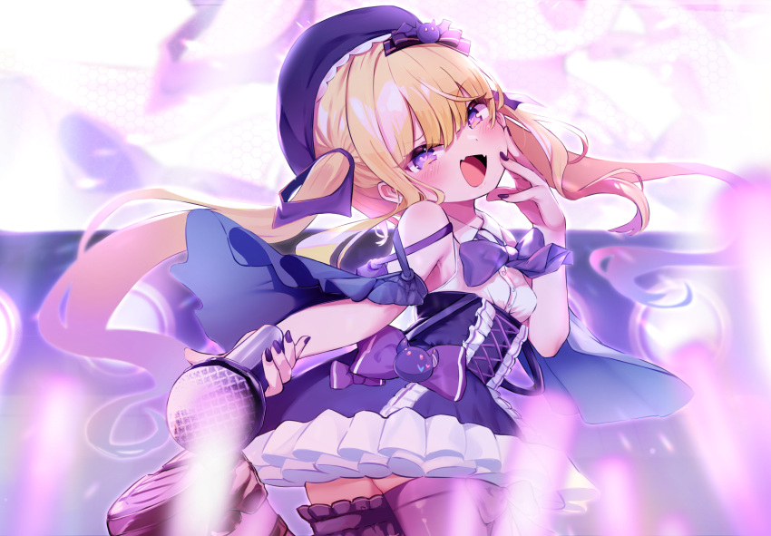 1girl :d blonde_hair blue_skirt blush bow bowtie cowboy_shot fangs fingernails from_behind hand_on_own_cheek hand_on_own_face hand_up hat heart heart-shaped_pupils high-waist_skirt highres holding holding_microphone long_hair looking_at_viewer looking_back microphone nail_polish open_mouth purple_bow purple_bowtie purple_headwear purple_legwear purple_nails re:act skin_fangs skirt smile symbol-shaped_pupils thigh-highs tsukushi_aria twintails utsusumi_kio violet_eyes