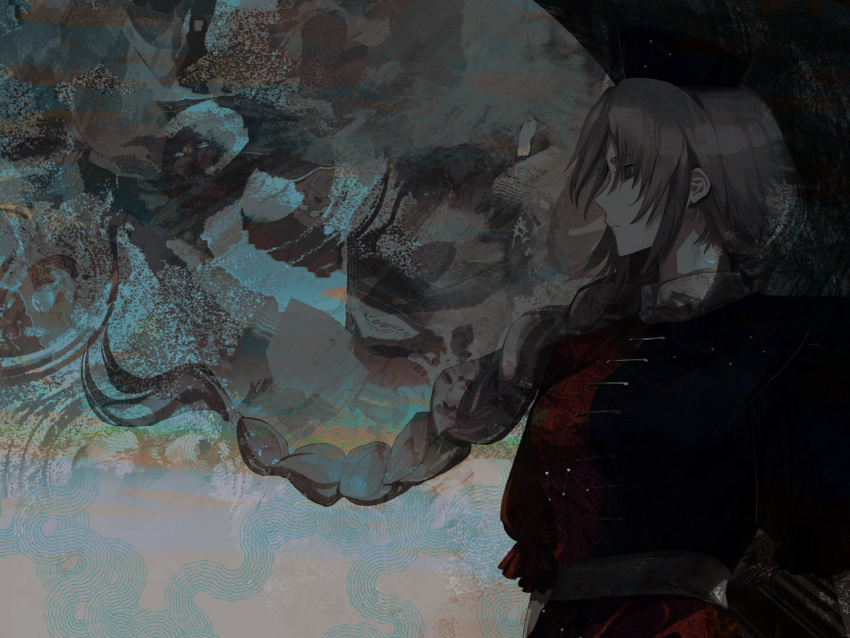 1girl abstract_background bangs blue_dress blue_headwear braid collared_dress constellation_print dress expressionless from_side grey_eyes grey_hair hat highres long_hair looking_away multicolored_clothes multicolored_dress nurse_cap on_(_l0_) red_dress short_sleeves single_braid solo touhou very_long_hair yagokoro_eirin