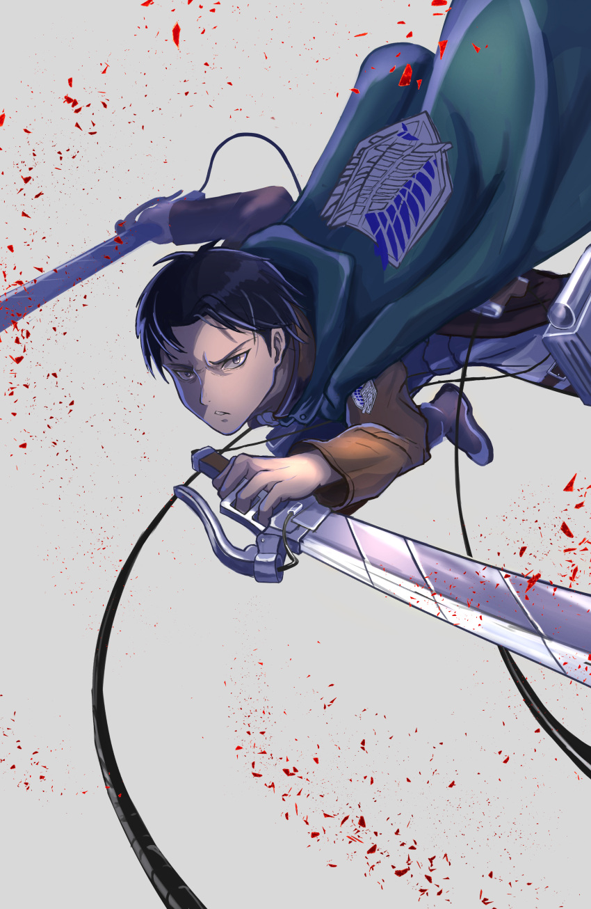 1boy absurdres black_eyes black_hair blood boots cape commentary_request curtained_hair dual_wielding emblem highres holding incoming_attack jacket levi_(shingeki_no_kyojin) long_sleeves looking_at_viewer male_focus military military_uniform paradis_military_uniform pyuuki109 shingeki_no_kyojin short_hair simple_background solo survey_corps_(emblem) sword three-dimensional_maneuver_gear uniform weapon