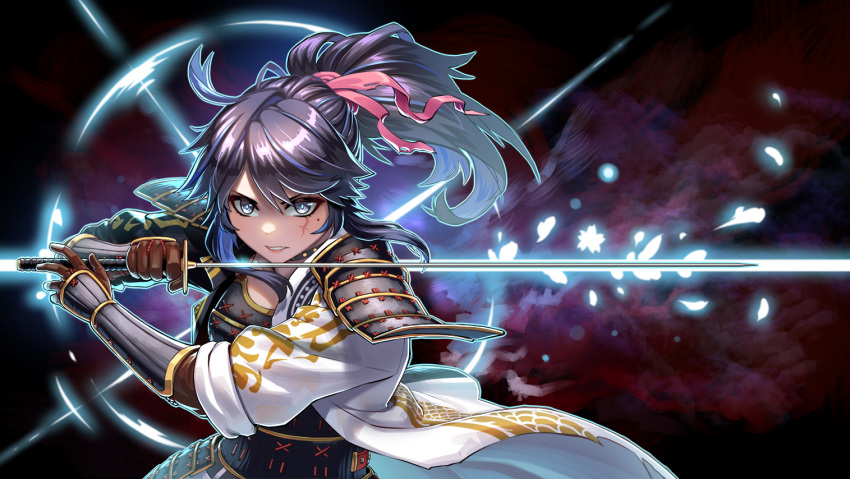 1girl agustinus armor black_background black_hair blue_eyes blue_hair breasts cosplay elden_ring english_commentary floating_hair hair_ribbon holding holding_sword holding_weapon indie_virtual_youtuber jacket katana kson medium_breasts mole mole_under_eye multicolored_hair parted_lips pink_ribbon ribbon samurai_(elden_ring) samurai_(elden_ring)_(cosplay) shoulder_armor solo souchou streaked_hair sword tarnished_(elden_ring) virtual_youtuber weapon white_jacket