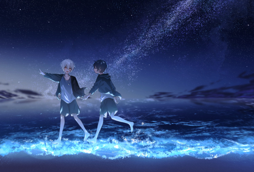 2boys after_the_rain bangs barefoot black_cardigan black_hair cardigan clouds commentary_request facial_tattoo full_body grey_shorts highres holding_hands jewelry looking_at_another mafumafu multiple_boys necklace niconico night night_sky ocean open_cardigan open_clothes open_mouth outdoors pointing red_eyes shirt short_hair shorts sky smile soraru star_(sky) starry_sky tattoo usagi_(31820156) utaite_(singer) walking white_hair white_shirt
