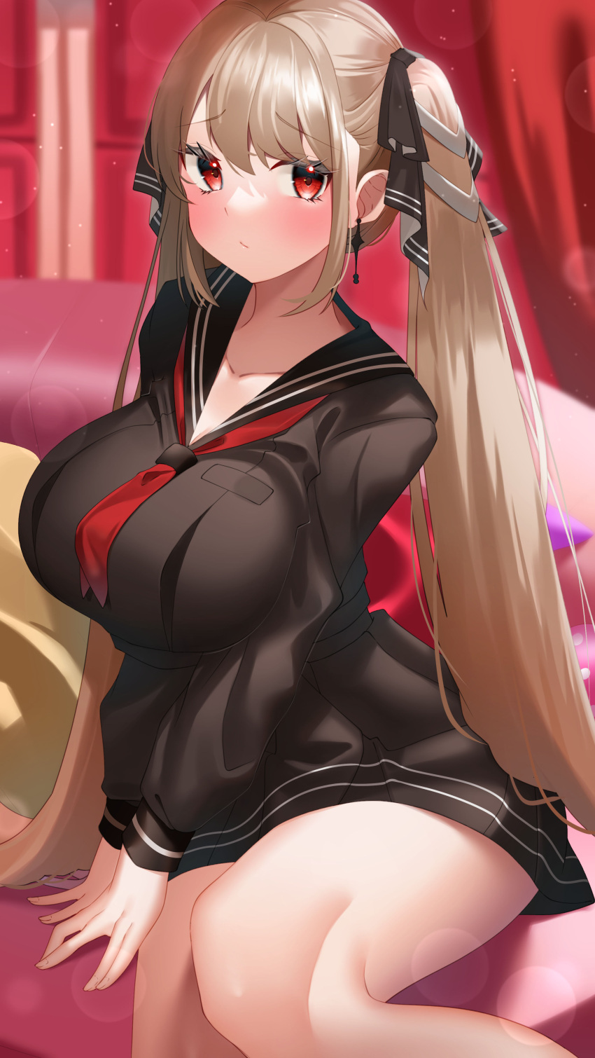 1girl absurdres alternate_costume azur_lane black_ribbon black_sailor_collar breasts brown_skirt brown_sweater couch earrings formidable_(azur_lane) hair_ribbon highres indoors jewelry large_breasts light_brown_hair long_hair looking_at_viewer miniskirt red_eyes ribbon sailor_collar seele0907 sideways_glance skirt solo sweater twintails v_arms very_long_hair