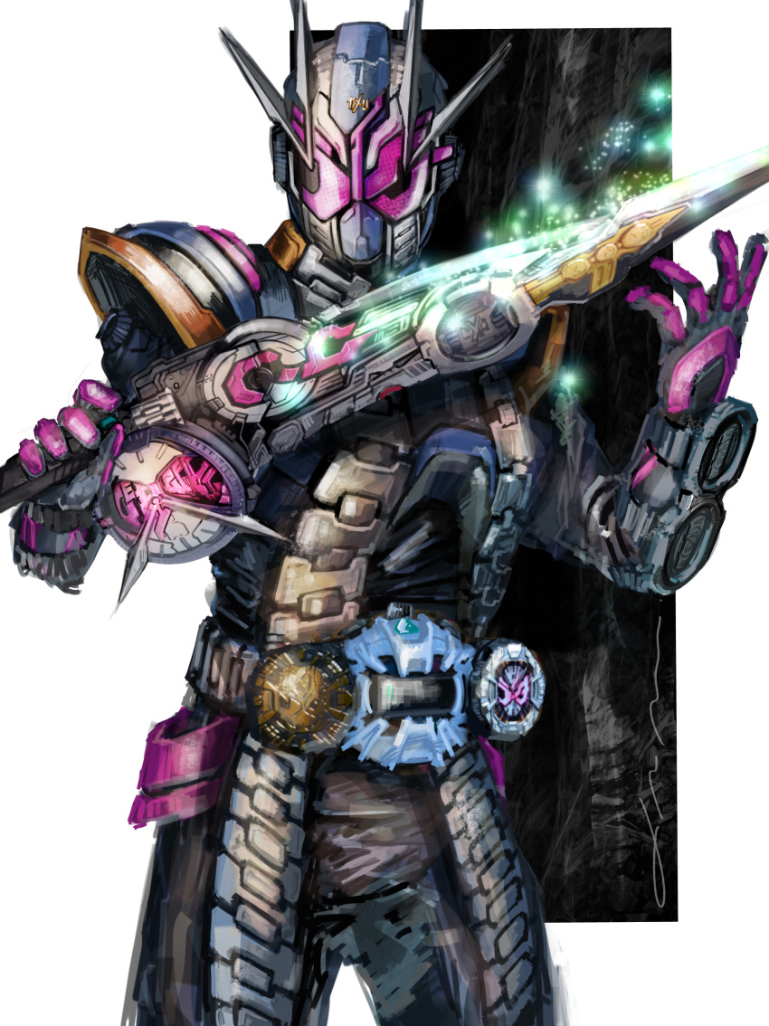 1boy absurdres alternate_costume armor black_armor black_bodysuit bodysuit clock_hands compound_eyes extra_horns gloves highres kamen_rider kamen_rider_zi-o kamen_rider_zi-o_(series) kamen_rider_zi-o_ii male_focus official_alternate_costume pink_eyes pink_gloves sword weapon yygnzm zikan_girade ziku_driver