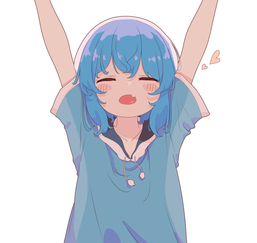1girl aoi_tori arms_up bangs blue_hair blue_hoodie blush blush_stickers closed_eyes collarbone commentary dot_nose drawstring facing_viewer fang flat_chest heart highres hood hood_down hoodie medium_hair open_mouth original outstretched_arms short_sleeves sidelocks simple_background skin_fang solo upper_body white_background