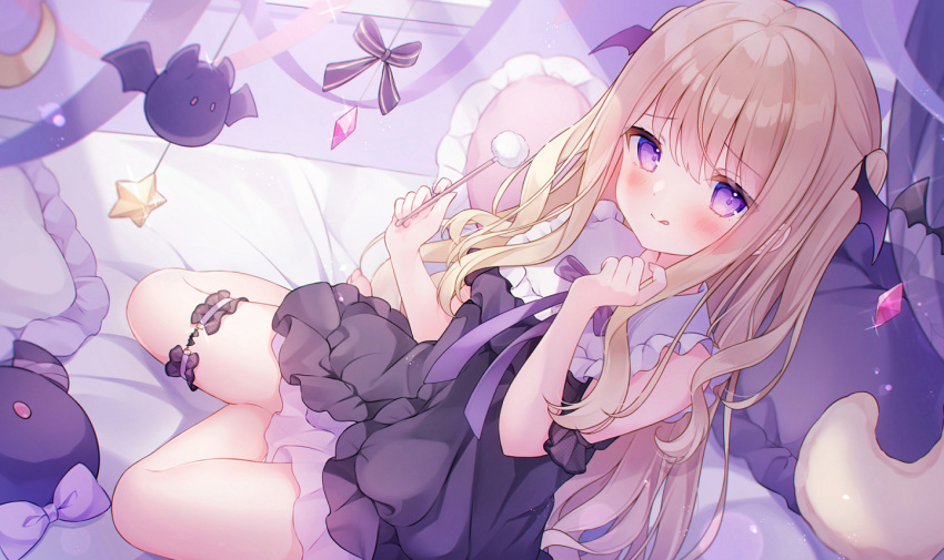 1girl bangs bare_shoulders barefoot blush character_request copyright_request eyebrows_visible_through_hair holding licking_lips light_brown_hair long_hair looking_at_viewer loungewear mimikaki official_art omochi_monaka on_bed purple_ribbon ribbon sitting smile tongue tongue_out twintails violet_eyes virtual_youtuber