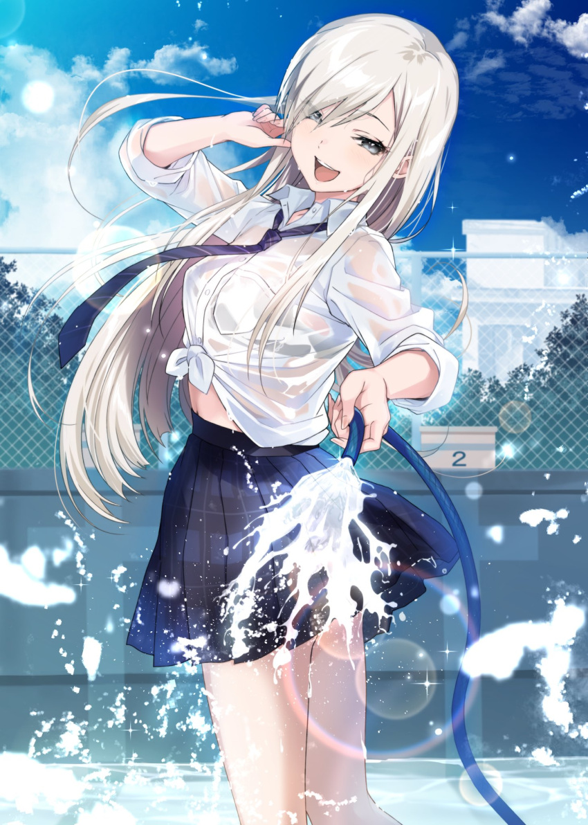 1girl arm_up blue_necktie blue_skirt breast_pocket collared_shirt dress_shirt grey_eyes hair_over_one_eye hario_4 highres holding holding_hose hose knees_up long_hair looking_at_viewer looking_to_the_side loose_necktie midriff necktie open_mouth original outdoors plaid plaid_skirt platinum_blonde_hair pleated_skirt pocket see-through shirt skirt solo thighs tied_shirt water wet wet_clothes wet_shirt white_shirt
