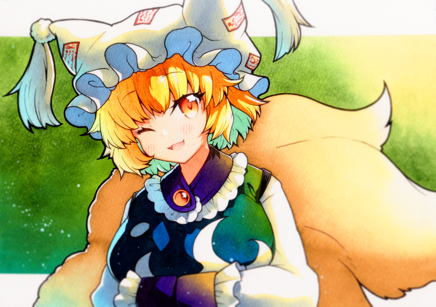 1girl animal_ears blonde_hair blush eyebrows_visible_through_hair fox_ears fox_tail hair_between_eyes hands_in_opposite_sleeves hat highres multiple_tails one_eye_closed open_mouth pillow_hat qqqrinkappp short_hair sleeves_past_fingers sleeves_past_wrists smile solo tabard tail touhou traditional_media upper_body white_headwear yakumo_ran yellow_eyes