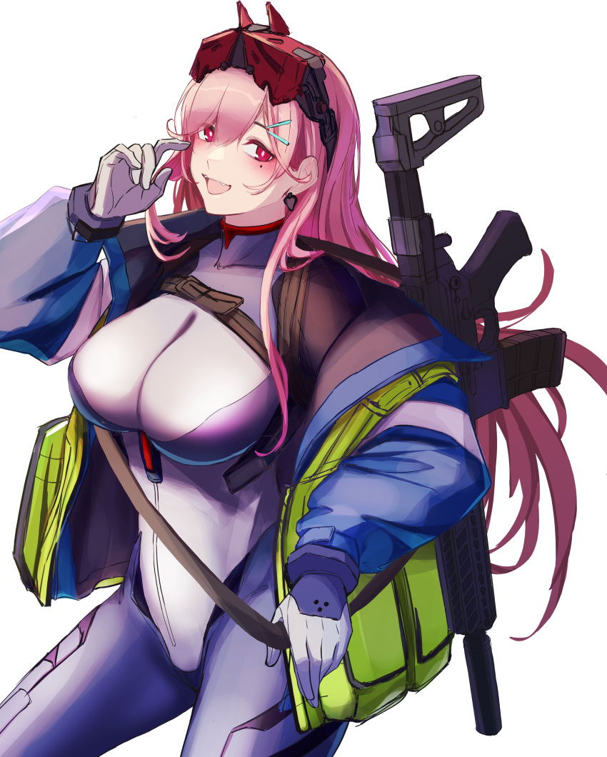 1girl 3_small_spiders absurdres arm_up assault_rifle bangs blue_jacket blush bodysuit breasts collarbone commentary earrings eyebrows_visible_through_hair feet_out_of_frame girls_frontline gloves gun hair_ornament hairclip heart heart_earrings highres jacket jacket_pull jewelry large_breasts long_hair looking_at_viewer mole mole_under_eye night_vision_device official_alternate_costume open_clothes open_jacket open_mouth pink_eyes pink_hair rifle sig_mcx_(crimson_meteor)_(girls'_frontline) sig_mcx_(girls'_frontline) sig_sauer_mcx simple_background smile solo standing weapon weapon_on_back white_gloves