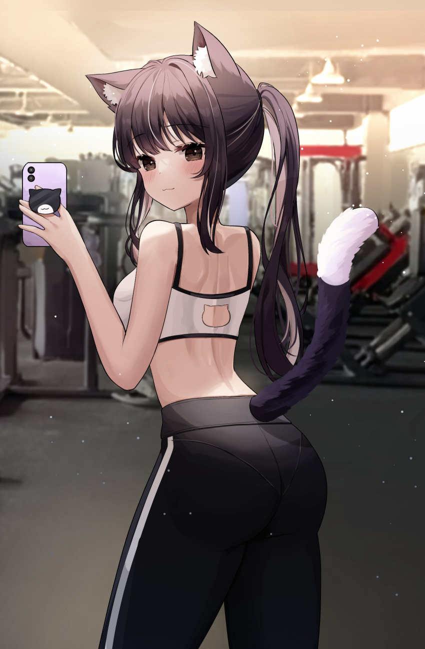 1girl :3 absurdres animal_ear_fluff animal_ears arched_back ass back back_cutout bare_arms bare_shoulders black_eyes black_hair black_pants breasts cat_cutout cat_ears cat_girl cat_tail clothing_cutout cowboy_shot crop_top from_behind gym highres long_hair looking_at_viewer looking_back medium_breasts midriff nannung original pants pantylines ponytail sleeveless smile solo spaghetti_strap sports_bra standing tail tail_raised yoga_pants