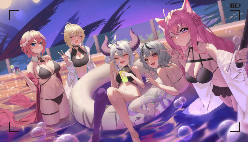 6+girls ^_^ ^o^ ahoge battery_indicator bikini bikini_skirt black_bikini black_hair blonde_hair blue_eyes breasts bubble closed_eyes closed_mouth cocktail_glass coyote_ears cup demon_horns drink drinking_glass drinking_straw fang food fruit grey_hair grin hakui_koyori hand_on_hip highres holding hololive holox horns innertube jmao kazama_iroha la+_darknesss large_breasts lime_(fruit) lime_slice long_hair medium_breasts medium_hair moon multicolored_hair multiple_girls navel night off_shoulder one_eye_closed open_mouth outdoors pink_hair pink_nails ponytail pool purple_hair red_eyes red_nails sakamata_chloe selfie selfie_stick shirt single_thighhigh smile stomach streaked_hair swimsuit takane_lui taking_picture teeth thigh-highs thigh_strap tokoyami_towa twintails v viewfinder water white_hair white_shirt