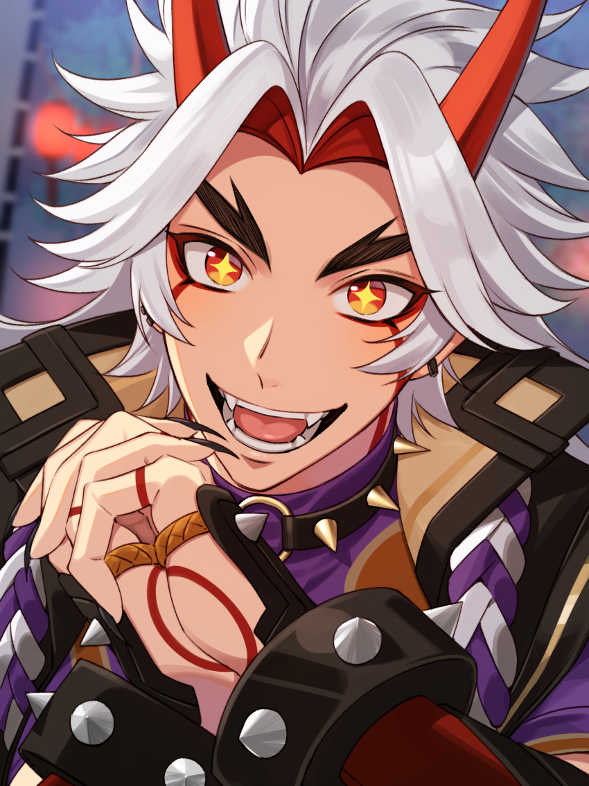 +_+ 1boy arataki_itto bangs black_collar black_nails collar eyebrows facial_tattoo fangs fingernails genshin_impact hair_intakes hand_tattoo hands_up highres horns looking_at_viewer male_focus o-ring_collar oni_horns onimotimo open_mouth own_hands_clasped own_hands_together parted_bangs portrait red_eyes red_horns sharp_fingernails short_hair solo sparkle spiked_collar spikes tattoo teeth thick_eyebrows white_hair