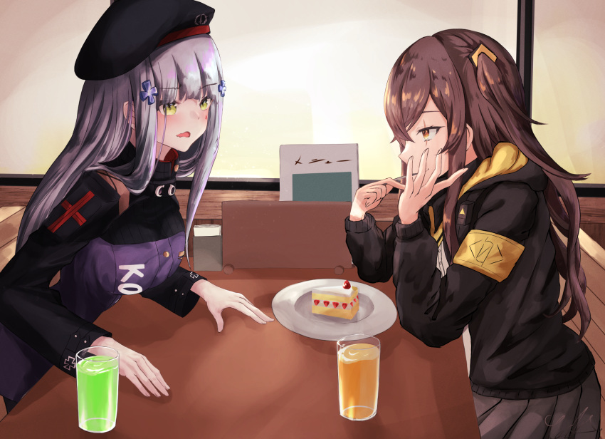 2girls armband beret black_jacket black_skirt brown_hair cake cake_slice chair cup drink drinking_glass eating eyebrows_visible_through_hair food fork girls_frontline green_eyes hair_ornament hand_on_own_face hat highres hk416_(girls'_frontline) jacket long_hair military_jacket multiple_girls one_side_up plate scar scar_across_eye silver_hair skirt table teardrop_facial_mark teardrop_tattoo ump45_(girls'_frontline) x_hair_ornament yellow_eyes yoshi-j