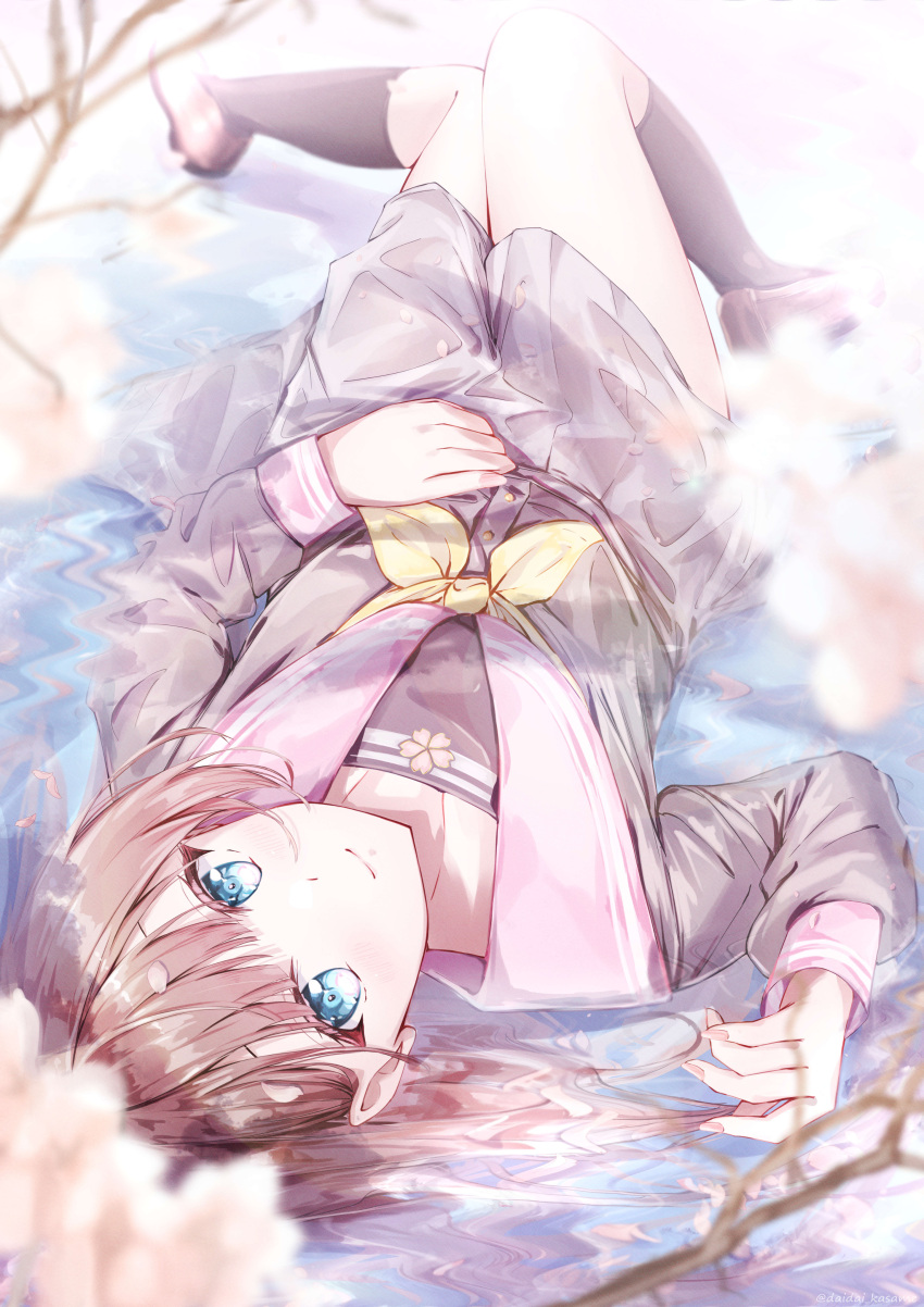 1girl absurdres arm_up bangs blue_eyes blunt_bangs blush brown_footwear brown_hair buttons cherry_blossoms closed_mouth daidai_(daidai826) flower hand_on_own_stomach highres in_water kneehighs knees_up light_smile long_hair long_sleeves looking_at_viewer lying miniskirt necktie on_back original school_uniform serafuku skirt smile solo thighs water wet wet_clothes wet_hair
