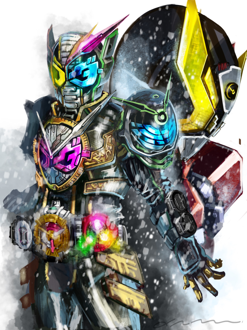 3boys absurdres blue_eyes book clenched_hand driver_(kamen_rider) fusion gold_armor green_armor highres kamen_rider kamen_rider_geiz kamen_rider_woz kamen_rider_zi-o kamen_rider_zi-o_(series) kamen_rider_zi-o_trinity looking_at_viewer male_focus mask multiple_boys open_hand pink_eyes red_armor rider_belt trinity_riderwatch weapon white_background yellow_eyes yygnzm ziku_driver