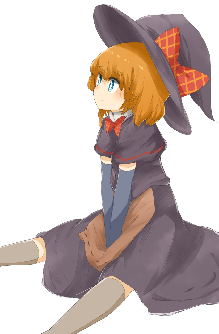 1girl apron bangs black_headwear black_skirt black_vest blue_eyes blush bow bowtie bright_pupils brown_apron brown_hair checkered_bow checkered_bowtie checkered_clothes closed_mouth commentary_request cookie_(touhou) elbow_gloves expressionless eyebrows_visible_through_hair feet_out_of_frame gloves grey_gloves grey_legwear hat highres kirisame_marisa looking_afar meguru_(cookie) orange_bow orange_bowtie red_bow red_bowtie short_hair simple_background sitting skirt solo thigh-highs touhou vest waist_apron white_background white_pupils witch_hat yumekamaborosh
