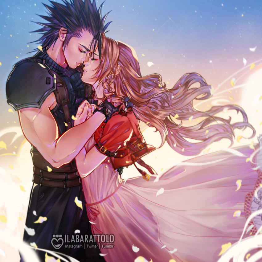 1boy 1girl aerith_gainsborough armor artist_name black_hair brown_hair closed_mouth couple dress final_fantasy final_fantasy_vii final_fantasy_vii_remake gloves hand_on_another's_shoulder ilabarattolo jacket long_hair petals pink_dress red_jacket shoulder_armor sleeveless sleeveless_turtleneck spiky_hair suspenders turtleneck wind zack_fair