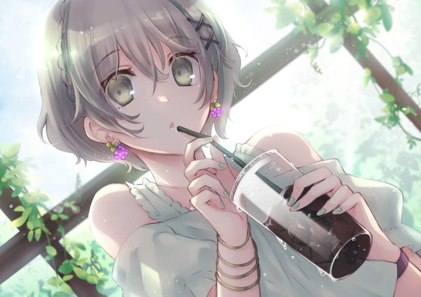 1girl :o bangs bare_shoulders blouse bracelet braid condensation crop_top crown_braid cup drinking_straw earrings frills green_eyes hair_ornament hairclip holding holding_cup holding_drinking_straw jewelry lace_trim light_rays looking_at_viewer open_mouth original plant raised_eyebrows shinra_(skrm) shirt short_hair silver_hair solo vines window