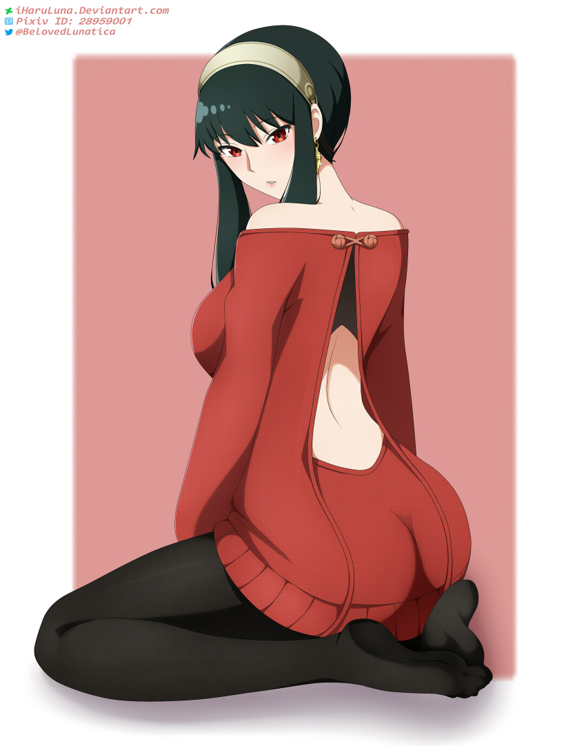 1girl absurdres ass back back_cutout bangs bare_shoulders black_hair black_legwear border breasts clothing_cutout deviantart_username earrings english_commentary hairband highres iharuluna jewelry large_breasts leggings looking_at_viewer looking_back no_shoes off-shoulder_sweater off_shoulder parted_lips pixiv_id red_eyes red_sweater sidelocks sitting solo spy_x_family sweater web_address white_border yor_briar