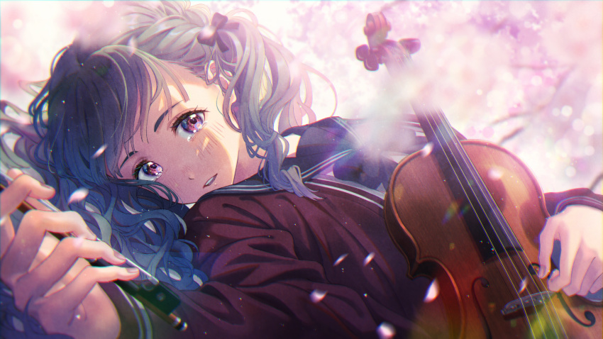 1girl bangs blue_hair blush bow cardigan cherry_blossoms crying crying_with_eyes_open gradient_hair hair_bow hair_pulled_back hand_on_own_stomach highres holding holding_bow holding_instrument holding_pencil instrument kiritsuki_(crux) light_rays light_smile long_sleeves looking_at_viewer lying medium_hair multicolored_hair on_back on_ground open_mouth original pencil purple_hair school_uniform serafuku short_twintails sleeves_past_wrists solo sweater tearing_up tears twintails two-tone_hair violet_eyes violin wavy_hair