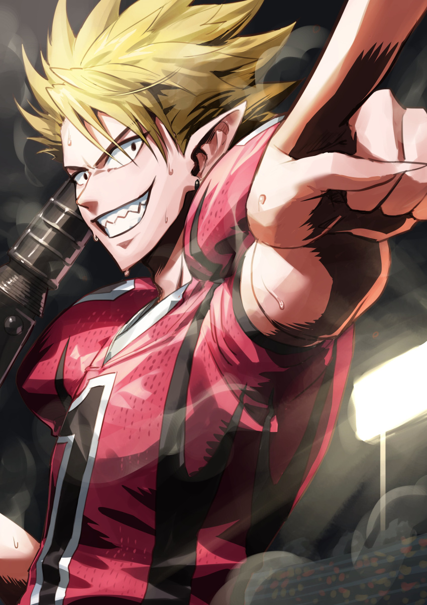 1boy absurdres american_football_uniform blonde_hair eyeshield_21 from_side gun highres hiruma_youichi holding holding_gun holding_weapon light male_focus nemoto_yuuma pointing pointy_ears red_shirt sharp_teeth shirt smile smoke solo sportswear sweat teeth upper_body weapon