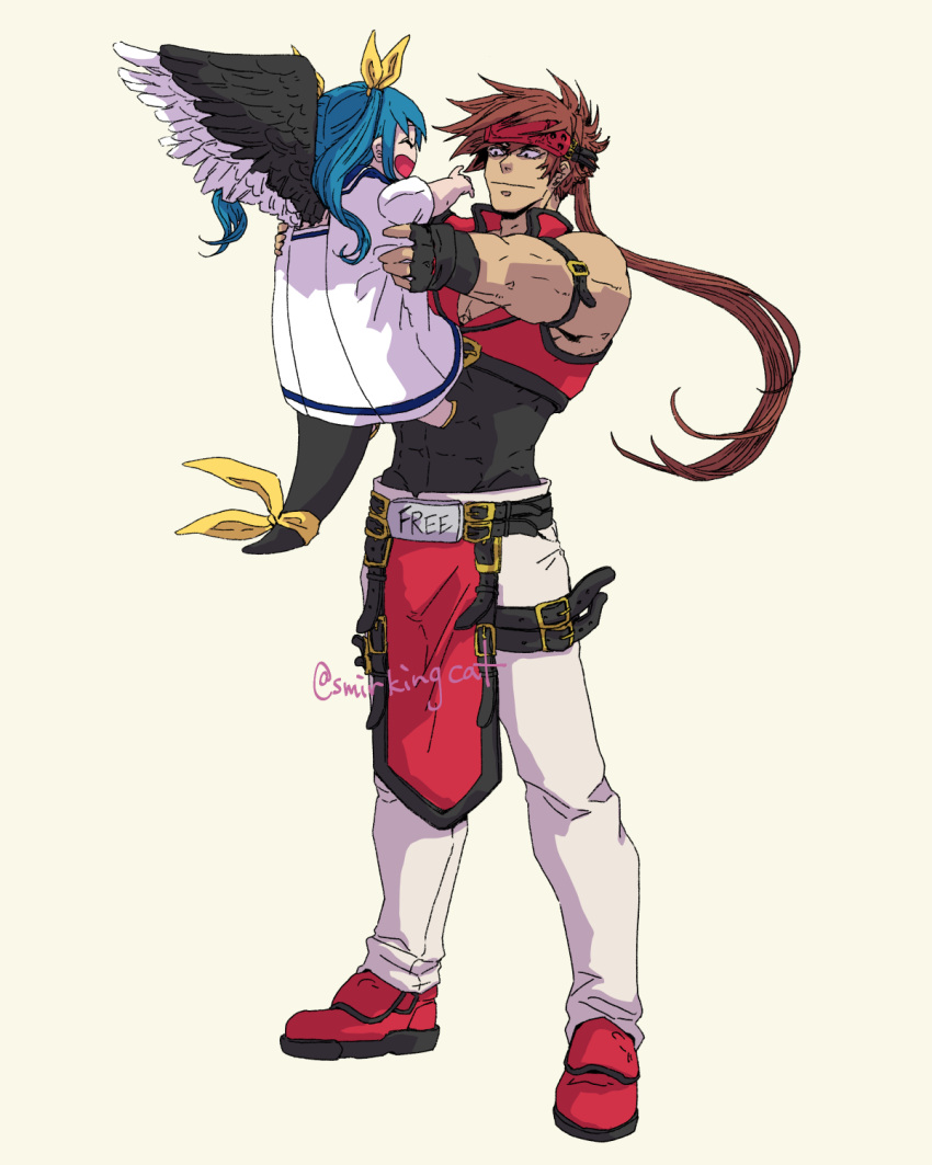 1boy 1girl abs alternate_universe angel_wings asymmetrical_wings belt brown_hair carrying child dizzy_(guilty_gear) english_text father_and_daughter guilty_gear guilty_gear_x headband highres long_hair ponytail simple_background smile smirkingcat sol_badguy staring twitter_username wings younger