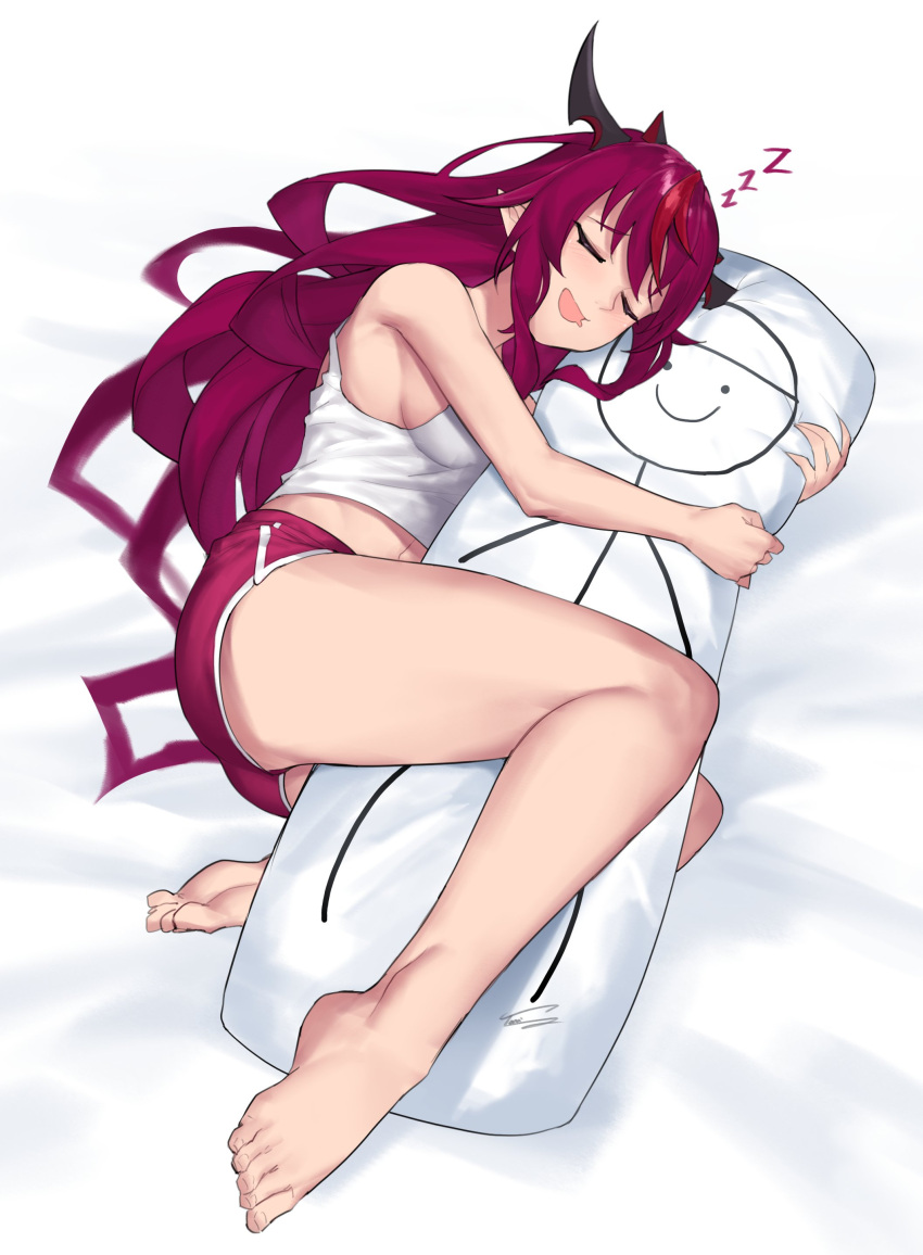 1girl absurdres ass bangs barefoot blush breasts closed_eyes dakimakura_(object) dasdokter feet full_body highres hololive hololive_english horns irys_(hololive) long_hair lying medium_breasts midriff multicolored_hair object_hug on_side pillow pointy_ears red_shorts redhead short_shorts shorts sideboob signature sleeping solo stick_figure tank_top thighs toes two-tone_hair very_long_hair white_tank_top