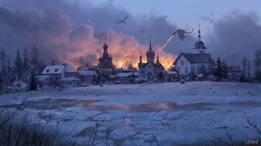 absurdres breathing_fire building bush church clouds commentary destruction dragon english_commentary fantasy fire grass highres house no_humans original outdoors river scenery signature smoke snow spire stefan_koidl tree village winter