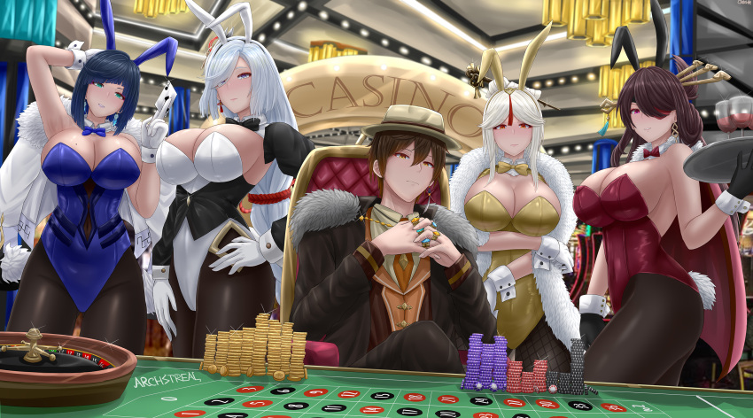 1boy 4girls animal_ears archstreal arm_under_breasts arm_up armpits bangs beidou_(genshin_impact) black_bow black_bowtie black_gloves black_legwear blue_bow blue_bowtie blue_eyes blue_leotard blush bow bowtie breasts brown_hair casino chair closed_mouth covered_navel detached_collar earrings eyepatch fake_animal_ears fishnet_legwear fishnets genshin_impact gloves green_eyes hair_ornament hairpin hand_on_hip hat highres indoors jewelry large_breasts leotard long_hair long_sleeves looking_at_viewer mole mole_on_breast multiple_girls ningguang_(genshin_impact) pantyhose parted_lips playboy_bunny poker_chip poker_table red_bow red_bowtie red_eyes red_leotard ring shenhe_(genshin_impact) sitting thighs tray violet_eyes white_gloves white_leotard wrist_cuffs yelan_(genshin_impact) yellow_bow yellow_bowtie yellow_leotard zhongli_(genshin_impact)