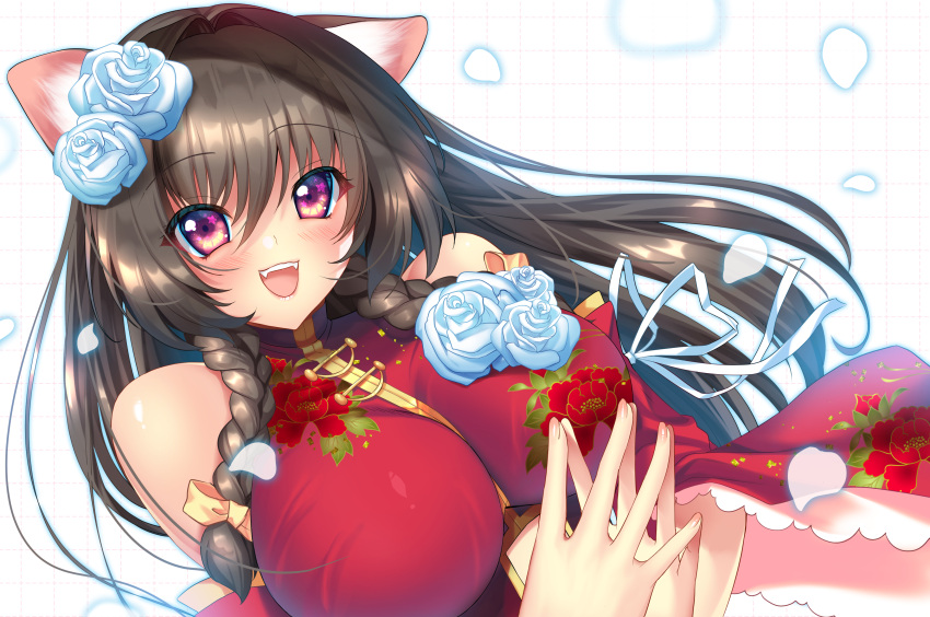 1girl absurdres animal_ear_fluff animal_ears ayakichi blue_flower blue_rose bow braid breasts brown_hair cat_ears cat_girl china_dress chinese_clothes commission detached_sleeves dress eyebrows_visible_through_hair flower hair_bow hair_flower hair_ornament highres large_breasts long_hair looking_at_viewer original own_hands_together pink_eyes portrait ribbon rose skeb_commission smile solo white_background white_ribbon yellow_bow