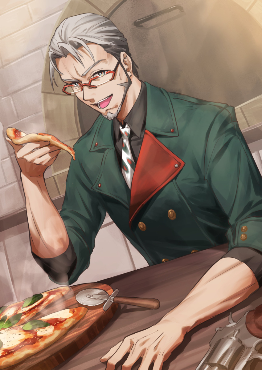 1boy absurdres arurandeisu beard black_shirt collared_shirt facial_hair food glasses green_jacket grey_eyes grey_hair gun hair_behind_ear handgun highres holding holding_food holostars jacket male_focus necktie nemoto_yuuma open_mouth pizza pizza_cutter revolver shirt sitting solo virtual_youtuber weapon white_necktie