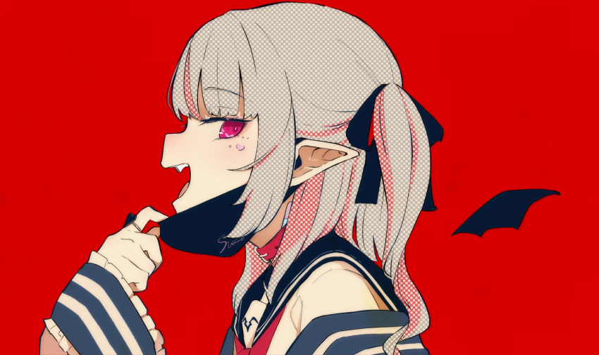 1girl :d black_mask black_ribbon black_sailor_collar facial_mark fangs from_side grey_hair hair_ribbon halftone heart heart_facial_mark heart_o-ring highres looking_at_viewer looking_to_the_side makaino_ririmu mask mask_pull mouth_mask nijisanji open_mouth pink_eyes profile red_background ribbon sailor_collar school_uniform serafuku sideways_glance simple_background smile solo twintails unmoving_pattern utsusumi_kio vampire_(vocaloid)