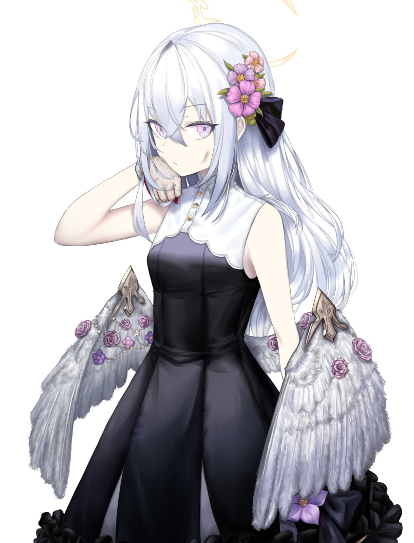 1girl absurdres aimpoleume angel_wings azusa_(blue_archive) bangs black_dress blood blood_on_gloves blue_archive dress flower gloves hair_between_eyes hair_flower hair_ornament halo hand_on_own_chin highres long_hair looking_at_viewer multicolored_eyes silver_hair simple_background sleeveless solo violet_eyes white_background wing_ornament wings