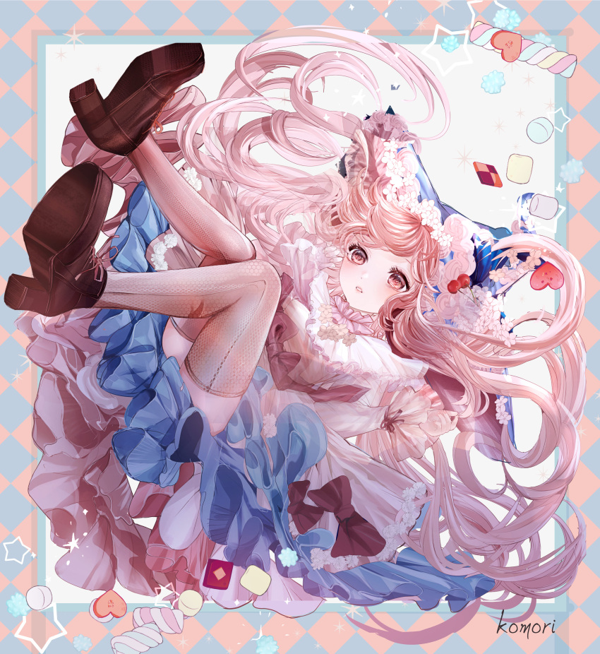 1girl absurdres argyle argyle_background artist_name bangs border bow cake candy cherry collar doughnut dress flower food frilled_collar frilled_dress frills fruit hair_flower hair_ornament heart high_heels highres komirihikku long_hair original outside_border parted_lips pink_dress pink_hair red_bow red_eyes solo sweets thigh-highs very_long_hair white_legwear witch