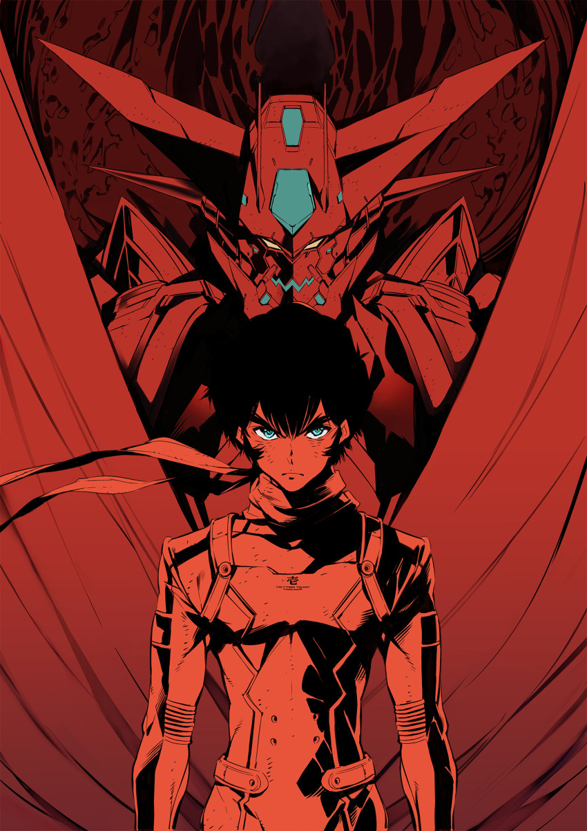 1boy cover cover_image cover_page getter-1_(devolution) getter_robo getter_robo_devolution green_eyes highres looking_at_viewer manga_cover mecha monochrome nagare_ryoma_(devolution) official_art pilot_suit scarf science_fiction shimizu_eiichi shimoguchi_tomohiro super_robot textless v-shaped_eyebrows