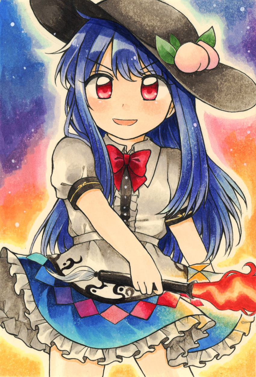 apron black_headwear blue_hair blue_skirt bow bowtie commentary_request flaming_sword flaming_weapon frilled_skirt frills hat highres hinanawi_tenshi holding holding_sword holding_weapon long_hair maa_(forsythia1729) marker_(medium) miniskirt open_mouth peach_hat_ornament puffy_short_sleeves puffy_sleeves red_bow red_bowtie red_eyes shirt short_sleeves skirt sword touhou traditional_media very_long_hair weapon white_apron white_shirt