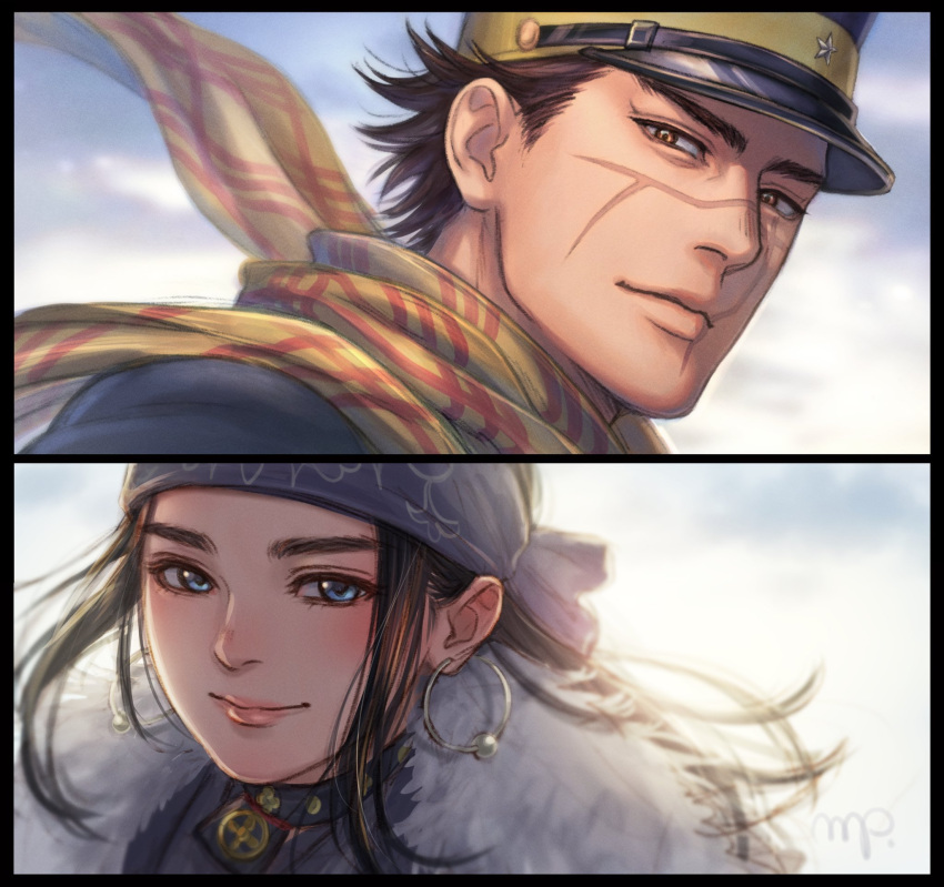 ainu ainu_clothes asirpa bandana black_hair blue_bandana blue_coat blue_eyes blue_jacket brown_hair cape coat earrings fur_cape golden_kamuy highres hoop_earrings imperial_japanese_army jacket jewelry long_hair long_sleeves military military_uniform mprichin scar scar_on_cheek scar_on_face scar_on_mouth scar_on_nose short_hair sugimoto_saichi uniform