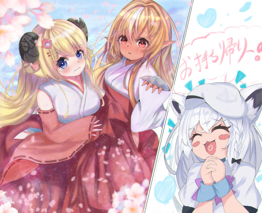 3girls absurdres animal_ears bangs beret blonde_hair blue_eyes blush bow bowtie braid breasts cherry_blossoms closed_eyes commentary_request cosplay dress eyebrows_visible_through_hair fox_ears fox_girl hair_between_eyes hair_ornament hairclip hat highres higurashi_no_naku_koro_ni hololive horns japanese_clothes long_hair medium_breasts miko multiple_girls open_mouth own_hands_together pointy_ears purple_bow purple_bowtie red_eyes ryuuguu_rena ryuuguu_rena_(cosplay) sheep_girl sheep_horns shirakami_fubuki shiranui_flare sidelocks single_braid small_breasts soma443 translation_request tsunomaki_watame wavy_mouth white_dress white_hair white_headwear