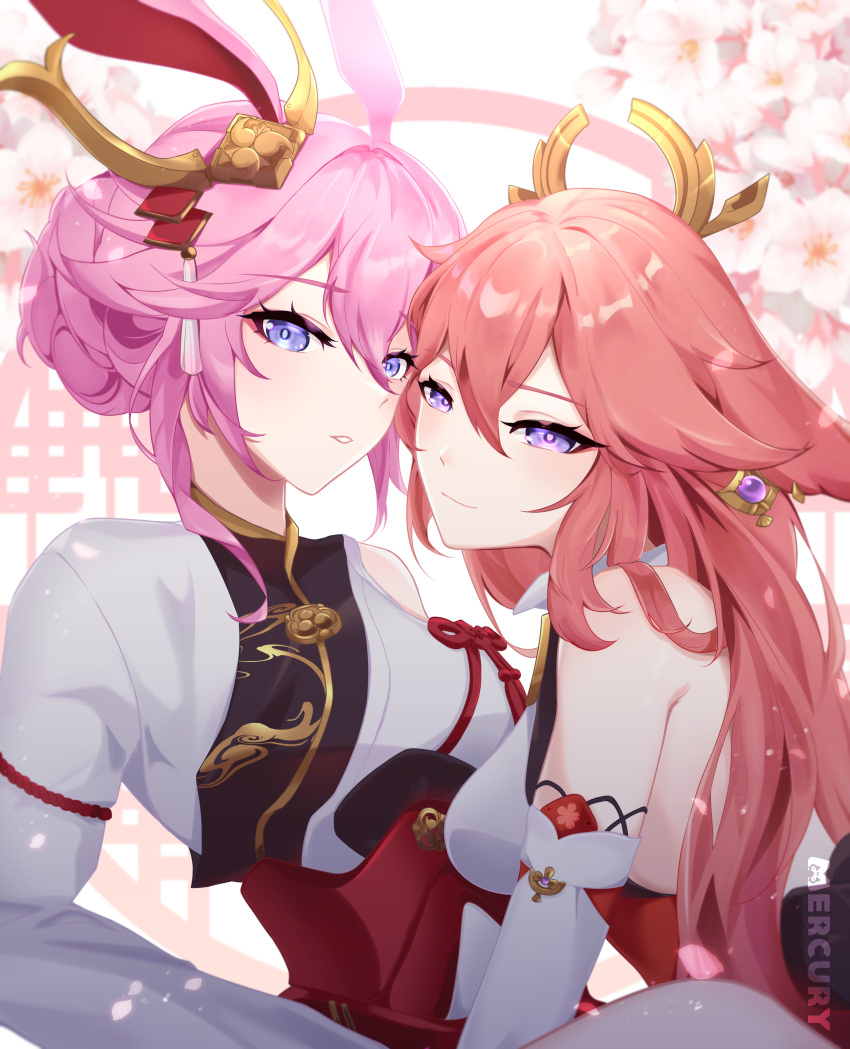 2girls absurdres animal_ears armor bangs bare_shoulders cherry_blossoms closed_mouth company_connection crossover earrings fox_ears genshin_impact hair_bun hair_ornament highres honkai_(series) honkai_impact_3rd japanese_armor japanese_clothes jewelry long_hair looking_at_viewer mercury_jc mihoyo_technology_(shanghai)_co._ltd. miko multiple_girls namesake open_mouth pink_hair sakura_ayane smile trait_connection violet_eyes voice_actor_connection white_sleeves yae_miko yae_sakura yae_sakura_(flame_sakitama)