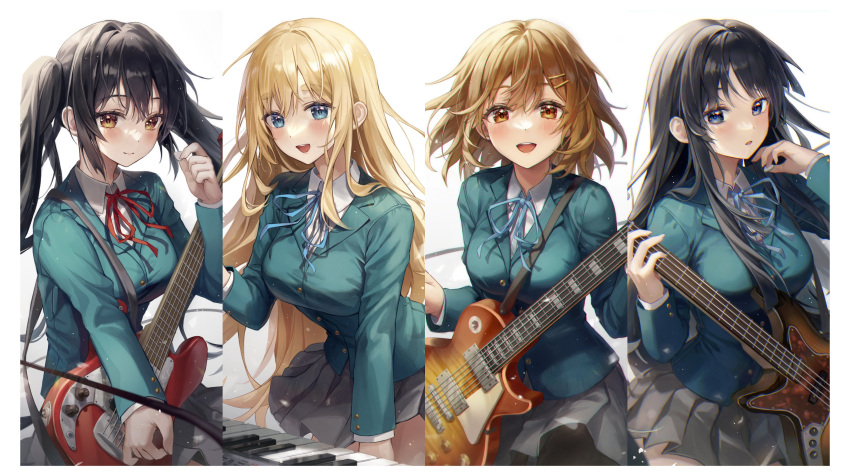 4girls :d :o absurdres adjusting_hair aimbek akiyama_mio bangs bass_guitar black_hair black_legwear blonde_hair blue_bow blue_bowtie blue_eyes blush bow bowtie breasts brown_eyes chromatic_aberration closed_mouth collared_shirt cowboy_shot dot_nose electric_guitar eyebrows_visible_through_hair floating_hair gradient gradient_background green_jacket grey_skirt guitar hair_between_eyes hair_ornament hairclip highres hirasawa_yui holding holding_instrument instrument jacket k-on! keyboard_(instrument) kotobuki_tsumugi large_breasts leaning_forward light_smile long_hair looking_at_viewer medium_breasts medium_hair miniskirt multiple_girls music nakano_azusa neck_ribbon neckerchief open_mouth pantyhose piano playing_instrument pleated_skirt plectrum red_neckerchief ribbon sakuragaoka_high_school_uniform school_uniform serafuku shirt skirt small_breasts smile tongue tooth twintails upper_body white_background white_shirt yellow_eyes