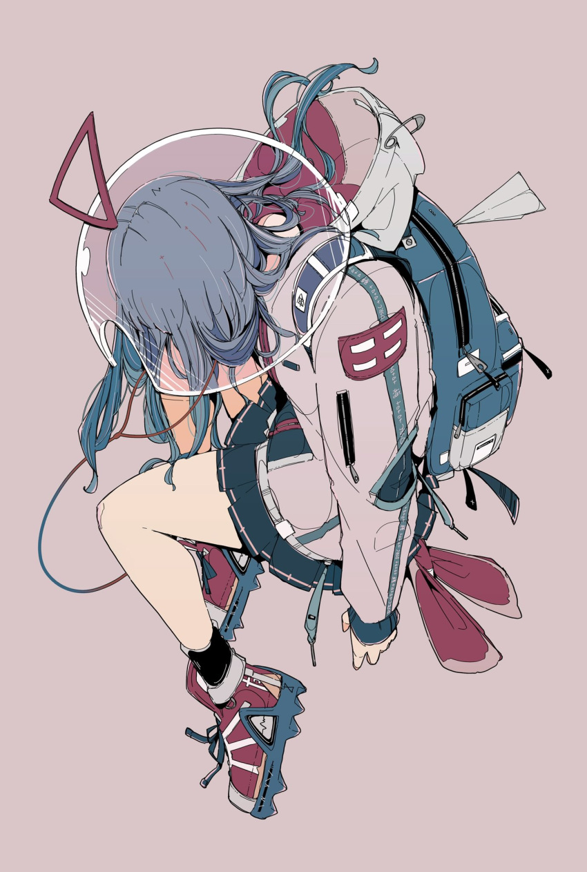 1girl backpack bag black_legwear blue_bag blue_hair blue_skirt commentary_request daisukerichard earphones earphones full_body highres hood hoodie long_hair long_sleeves original paper_airplane pink_background pink_hoodie pleated_skirt red_footwear shoes simple_background skirt sneakers socks solo