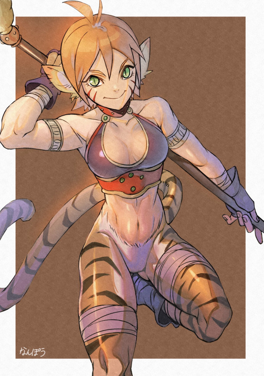 1girl animal_ears breasts breath_of_fire breath_of_fire_ii bustier cat_ears cat_tail closed_mouth facial_mark gloves green_eyes highres looking_at_viewer nanpou_(nanpou0021) orange_hair pointy_ears rinpoo_chuan short_hair simple_background smile solo staff tail