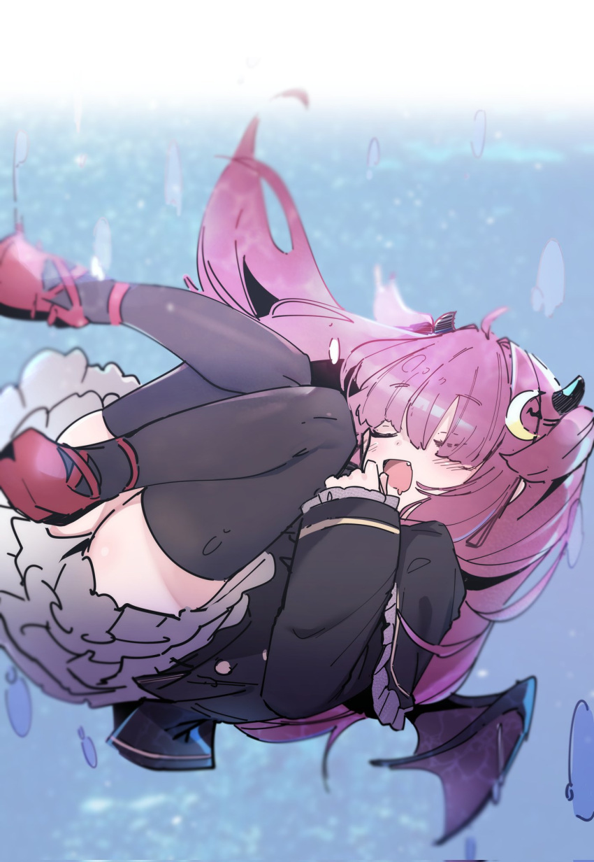 1girl ahoge black_jacket black_legwear blush capelet closed_eyes crescent crescent_hair_ornament drooling falling fang floating_hair hair_ornament highres horns jacket knees_together_feet_apart long_hair long_sleeves mouth_drool nijisanji open_mouth pink_hair red_footwear shoes smile solo thigh-highs utsusumi_kio wings yuzuki_roa