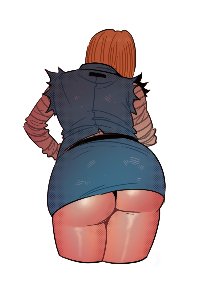 1184269336 1girl android_18 ass back belt cropped_legs dragon_ball highres orange_hair pencil_skirt shirt simple_background skirt solo striped striped_shirt thighs torn_clothes white_background